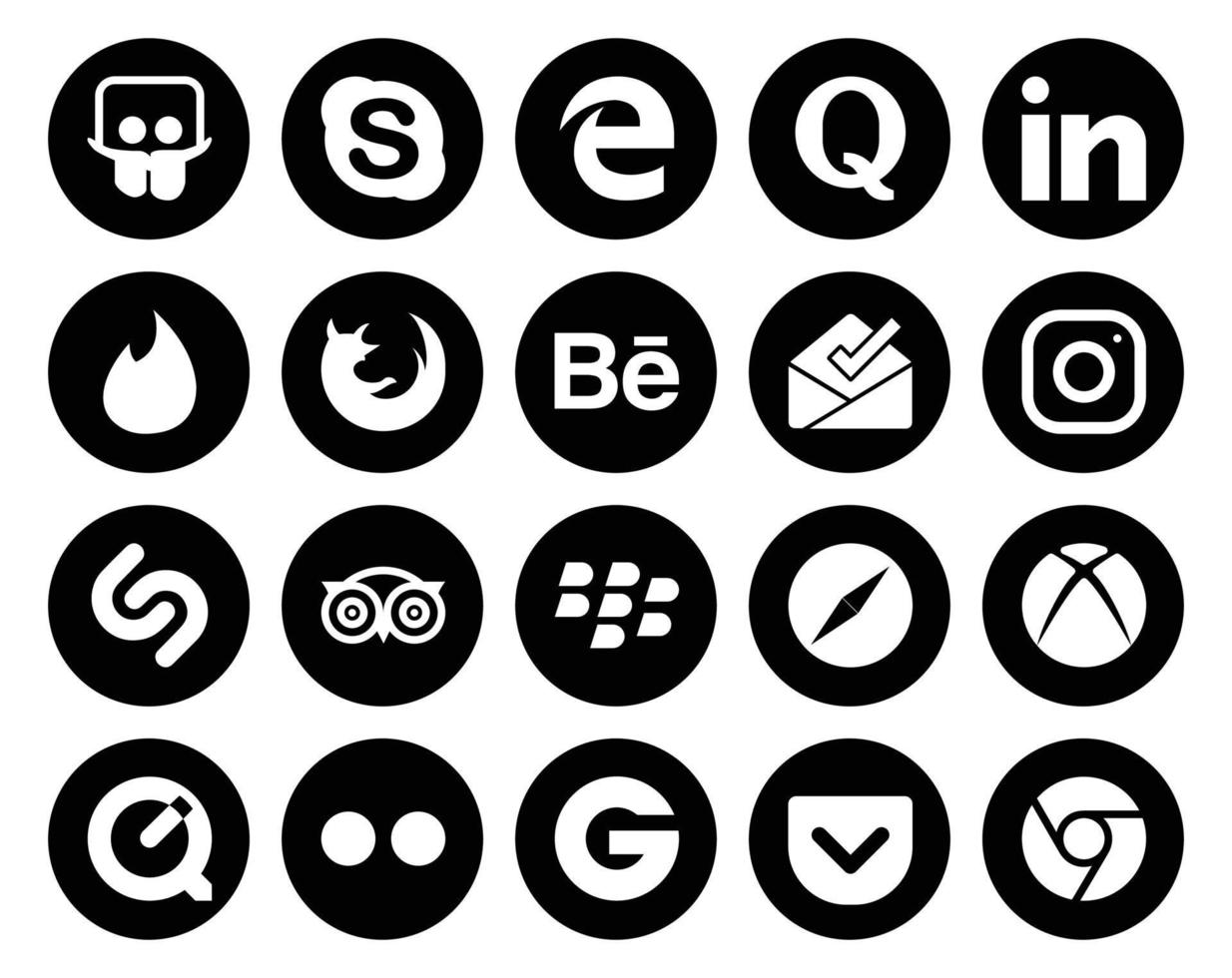 pack de 20 icônes de médias sociaux, y compris safari travel firefox tripadvisor instagram vecteur