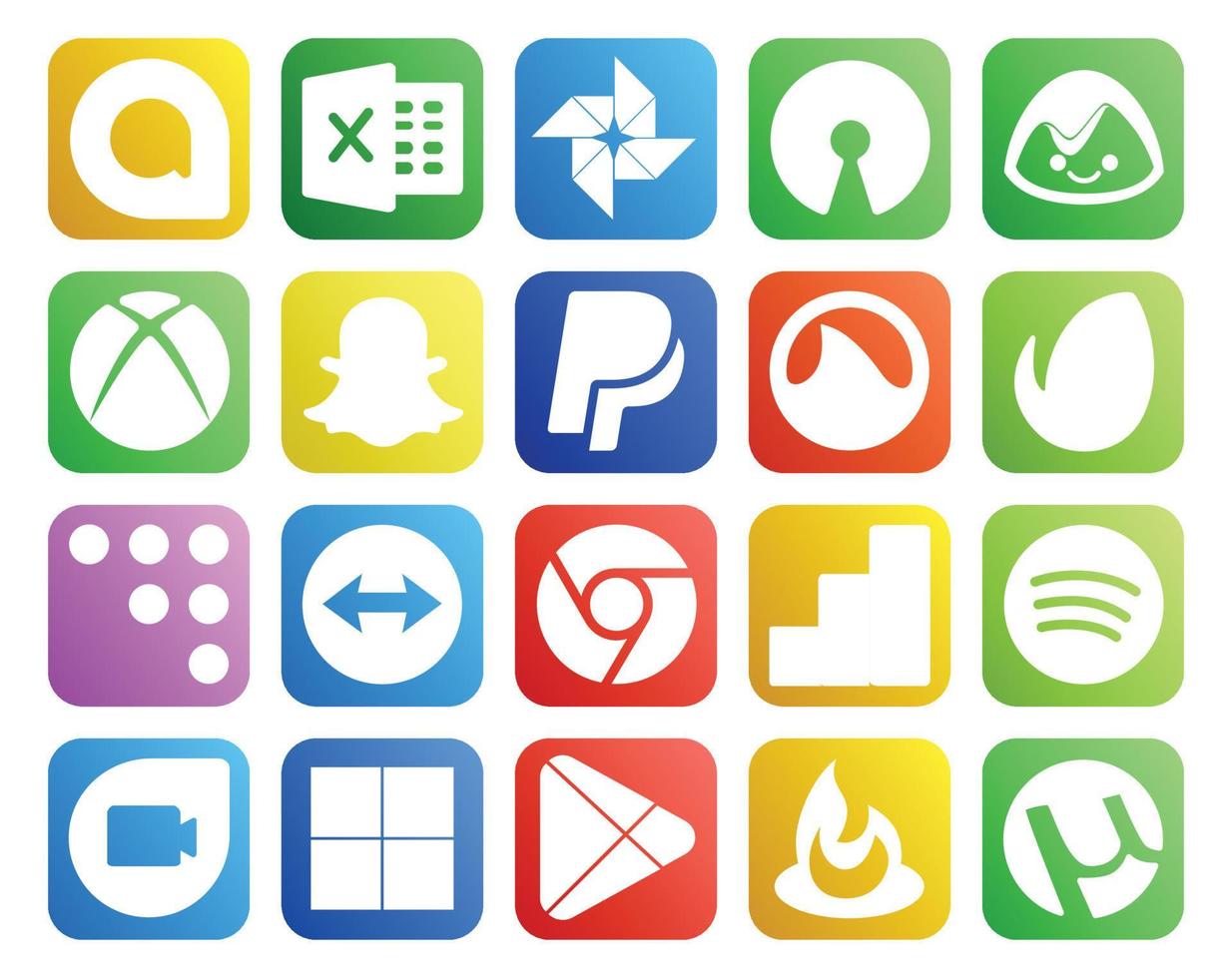 pack de 20 icônes de médias sociaux, y compris google play google duo grooveshark spotify chrome vecteur