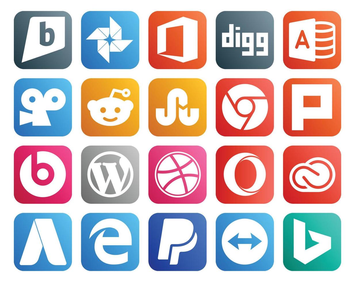 pack de 20 icônes de médias sociaux comprenant adobe creative cloud chrome opera cms vecteur