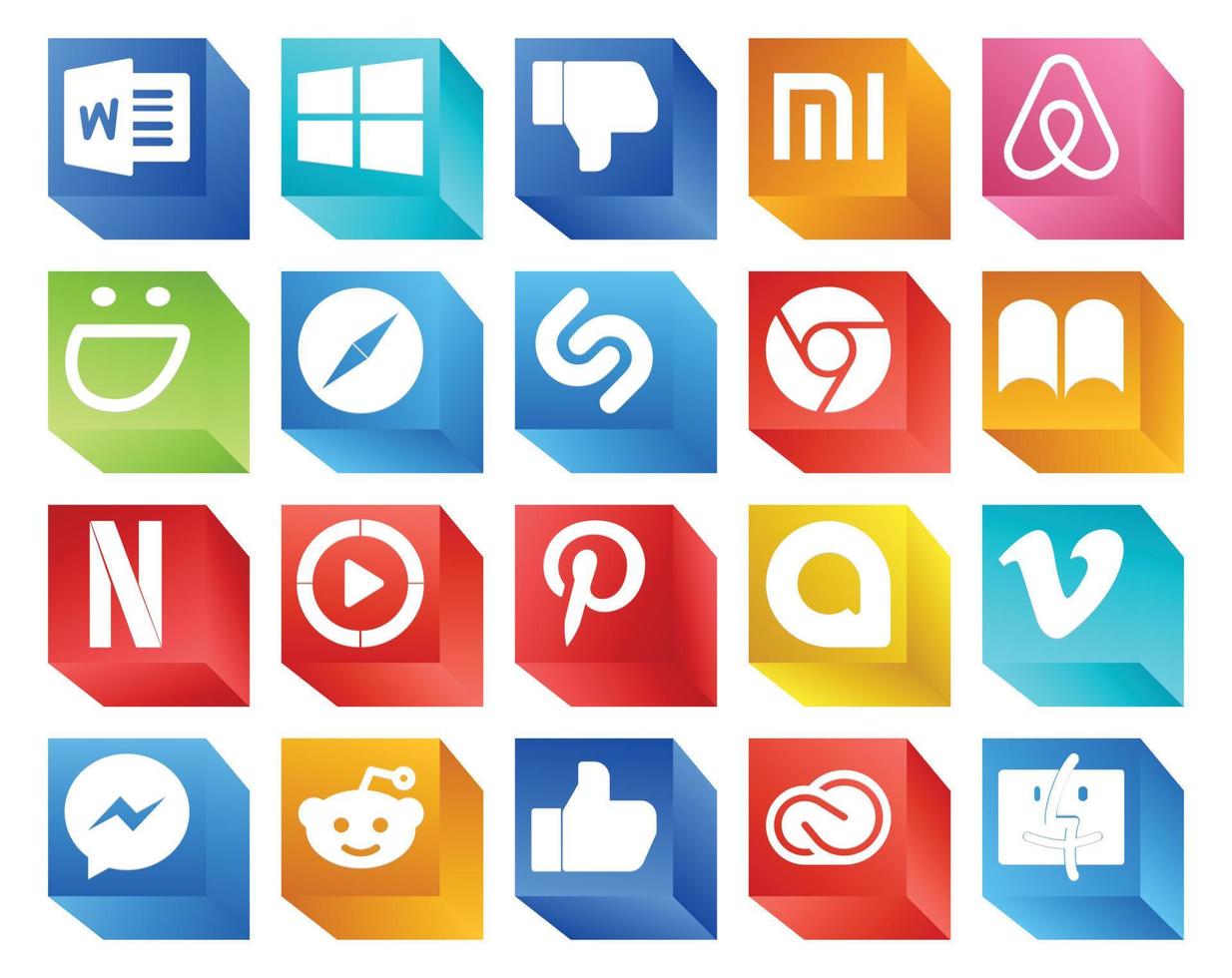 20 pack d'icônes de médias sociaux, y compris la vidéo google allo shazam pinterest windows media player vecteur