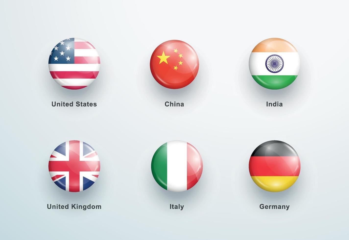 drapeaux nationaux autour de l'ensemble d'icônes de boutons brillants 3d vecteur