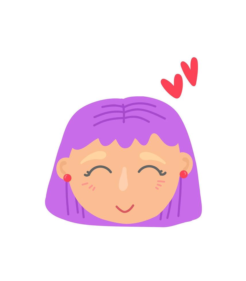portrait d'une jeune fille aux cheveux violets. jolie fille mignonne. icône de visage dessiné à la main vecteur