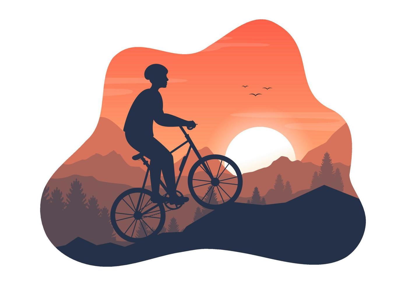 illustration de vélo de montagne avec vélo dans les montagnes pour le sport, les loisirs et un mode de vie sain dans des modèles dessinés à la main de silhouette de dessin animé plat vecteur