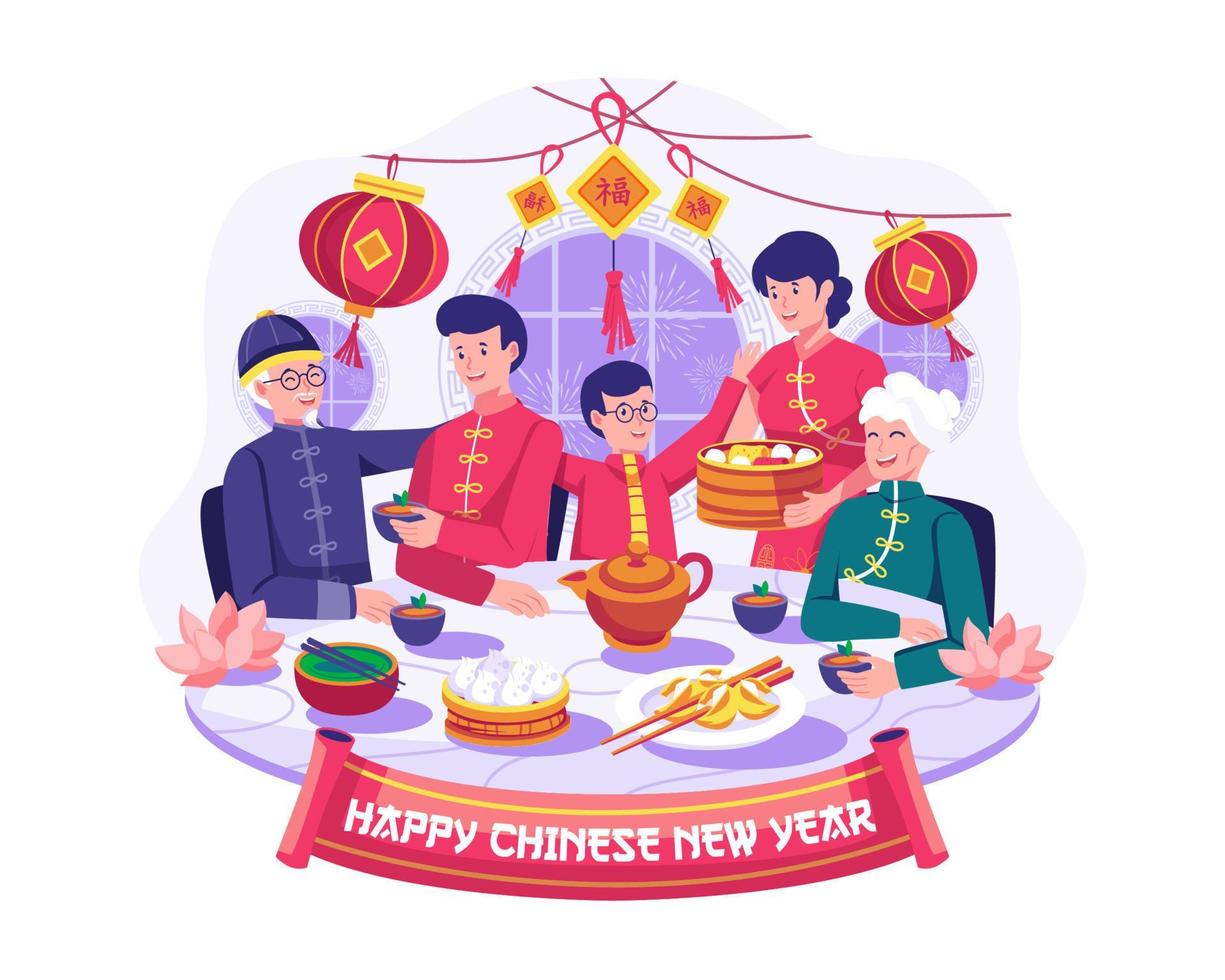 une joyeuse réunion de famille asiatique organise un dîner de réunion et savoure de délicieux plats traditionnels le soir du nouvel an chinois. illustration vectorielle vecteur