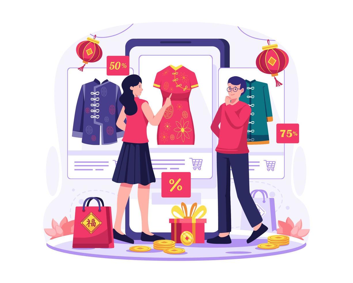 les asiatiques font leurs achats en ligne via un gros smartphone. une femme et un homme choisissent des vêtements chinois dans une boutique en ligne. achats du nouvel an chinois vecteur