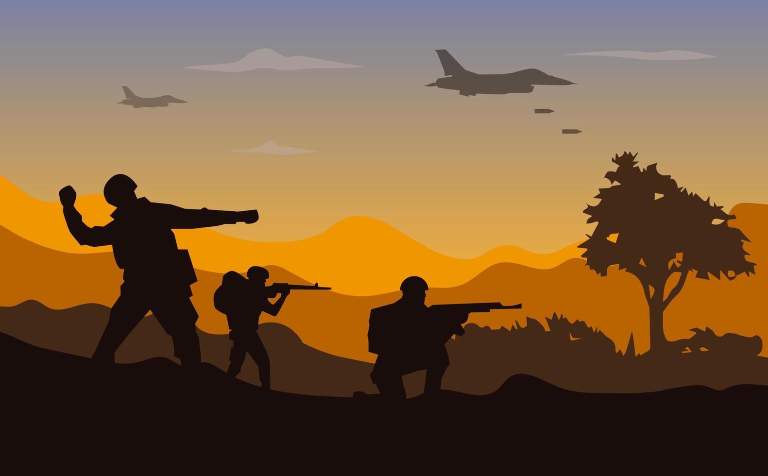 illustration vectorielle militaire de guerre, arrière-plan de l'armée, silhouette de soldat, artillerie, cavalerie, avion de guerre. vecteur