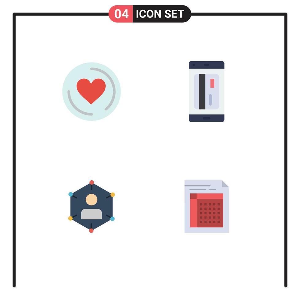 interface mobile icône plate ensemble de 4 pictogrammes de coeur communication crédit bancaire personnes éléments de conception vectoriels modifiables vecteur