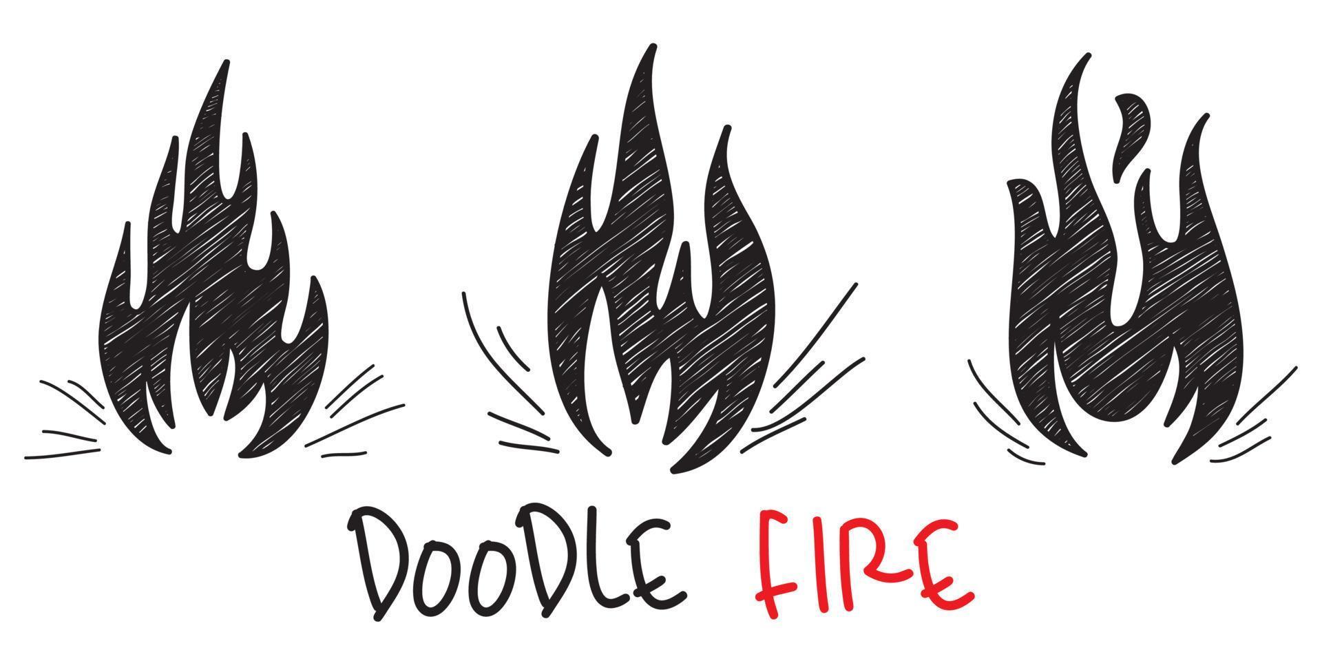 icônes de feu dessinées à la main. vecteur d'icônes de flammes de feu. feu de croquis de doodle dessinés à la main, dessin noir et blanc. symbole de feu simple.