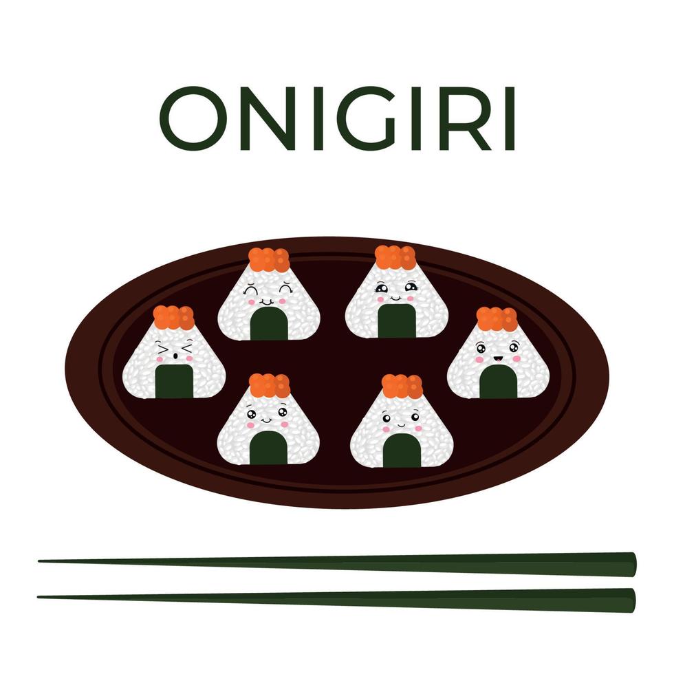 illustration vectorielle d'onigiri dans le style de kawaii. restauration rapide japonaise à base de riz avec une garniture formée sous la forme d'un triangle d'algues nori. vecteur