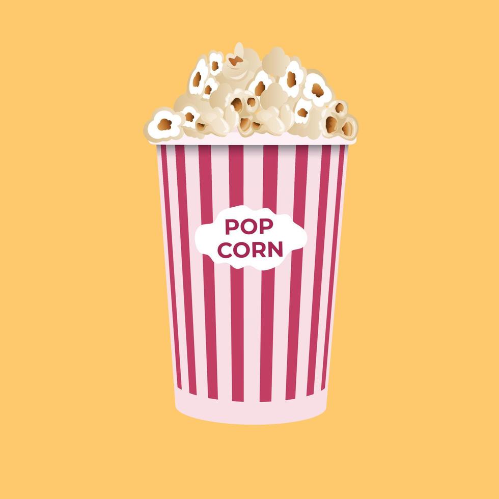 pop-corn isolé sur fond jaune. une icône de cinéma de style plat. une collation légère. une grande boîte à rayures rouges et blanches. illustration vectorielle vecteur