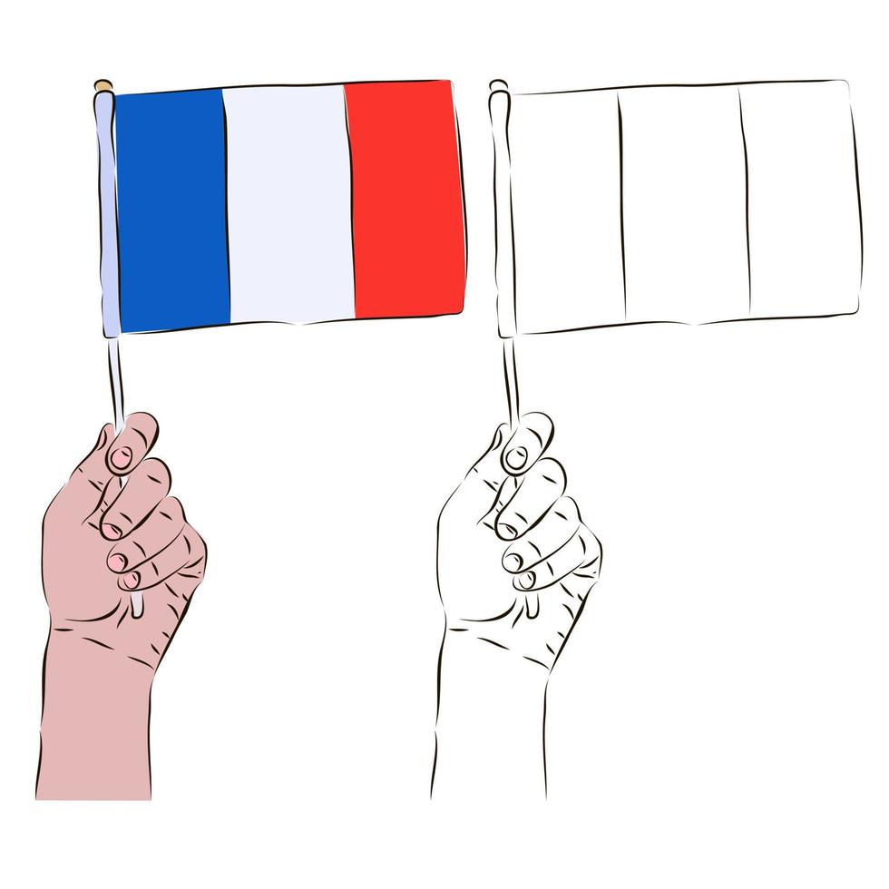 le drapeau de la france est dans la main d'un homme en couleur et noir et blanc. la notion de patriotisme. vecteur