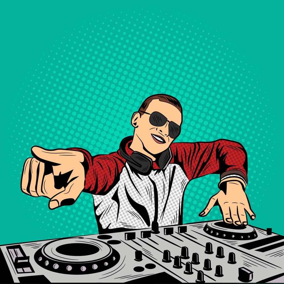 pop art dj garçon, bande dessinée dj musique artiste vecteur illustration stock