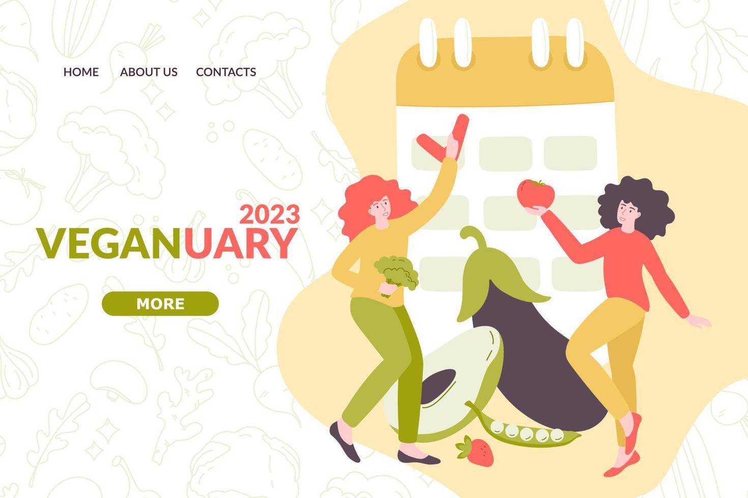 illustration vectorielle sur le thème - veganuary 2023. l'affiche se compose de légumes, d'un calendrier et de filles végétaliennes. modèle de conception de page Web, boutique en ligne, développement de site Web. vecteur