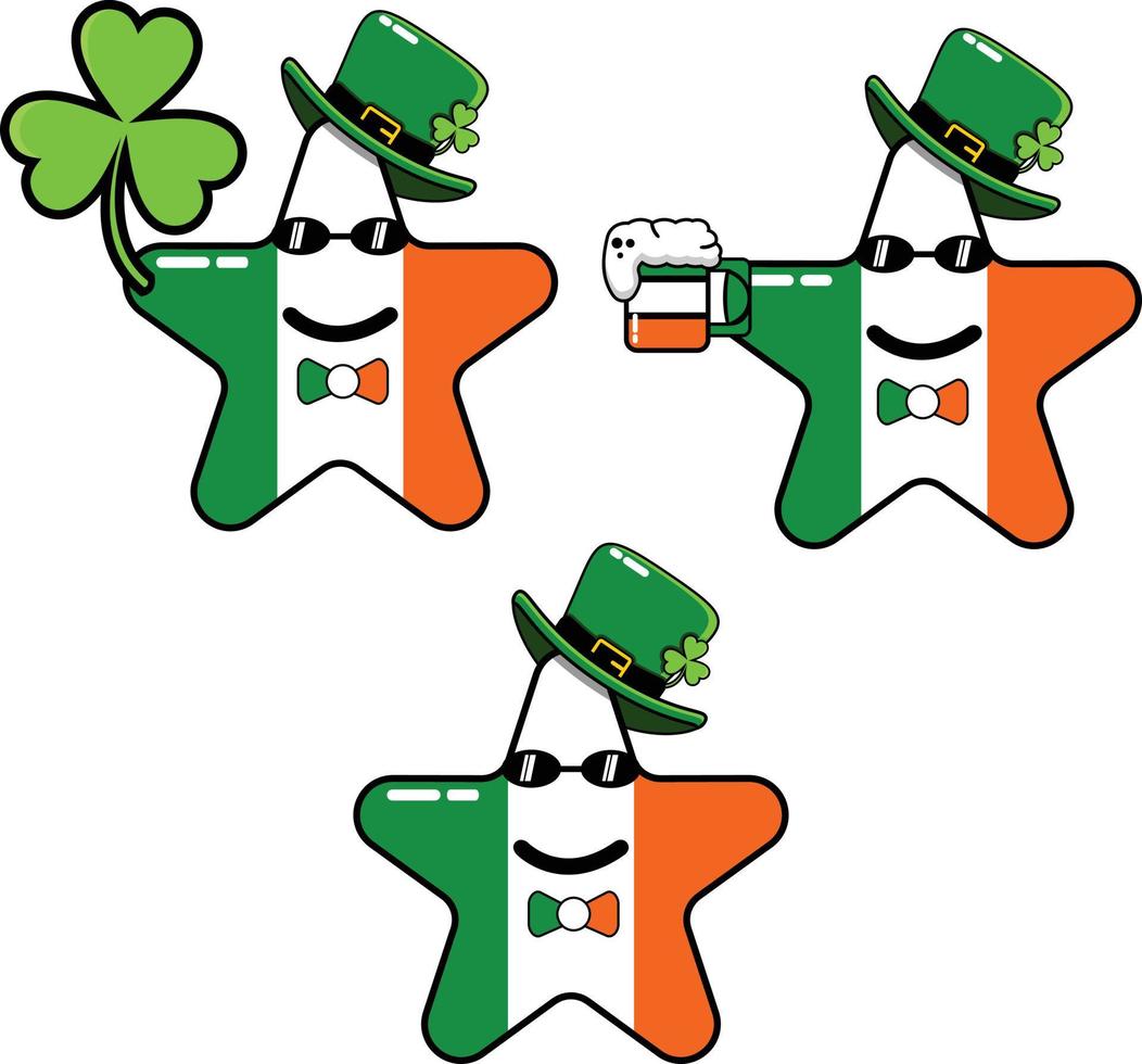 illustration graphique de conception d'étoile de drapeau irlandais mignon portant une feuille de trèfle, de la bière et portant le chapeau de st patrick vecteur