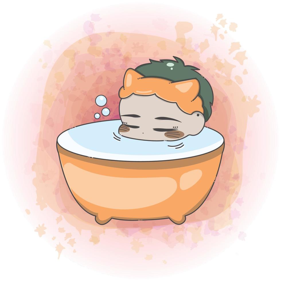 mignon petit garçon chibi dans un costume d'animal prenant un bain dans une baignoire avec des bulles vecteur