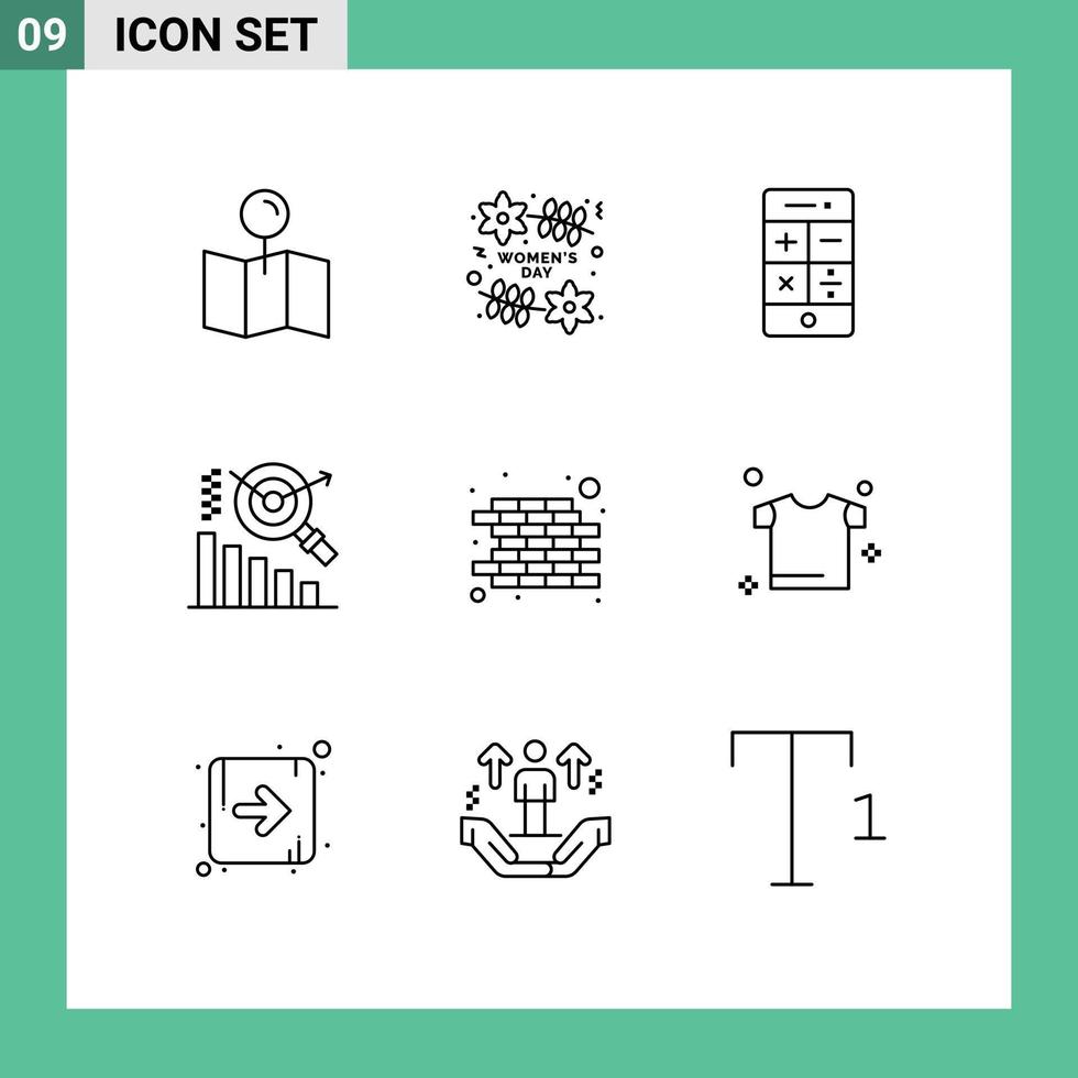 ensemble moderne de 9 contours pictogramme d'éléments de conception vectoriels modifiables de recherche de calculatrice de brique murale vecteur