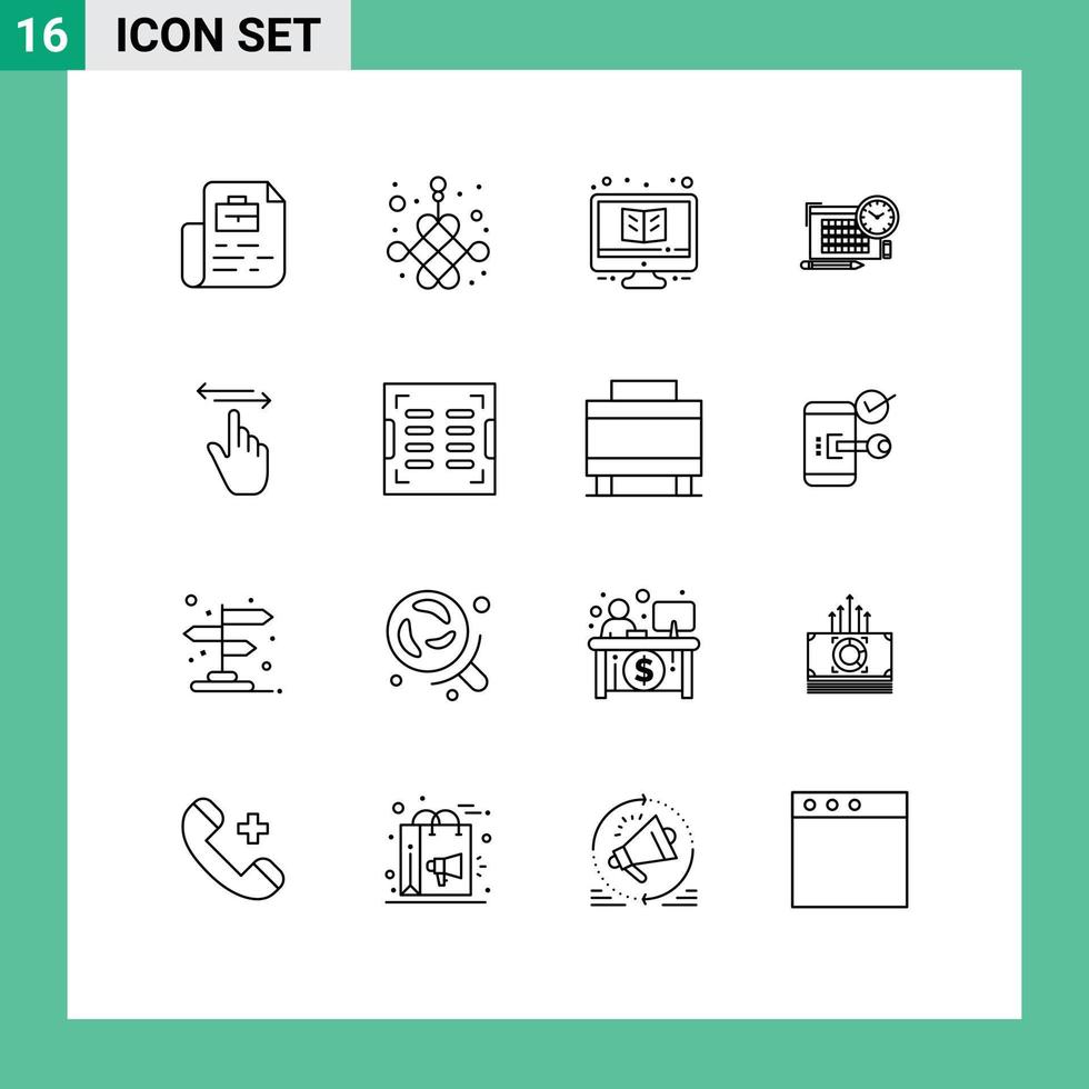 symboles d'icônes universels groupe de 16 contours modernes d'éléments de conception vectoriels modifiables de moniteur de fichier d'apprentissage de stylo à doigt vecteur