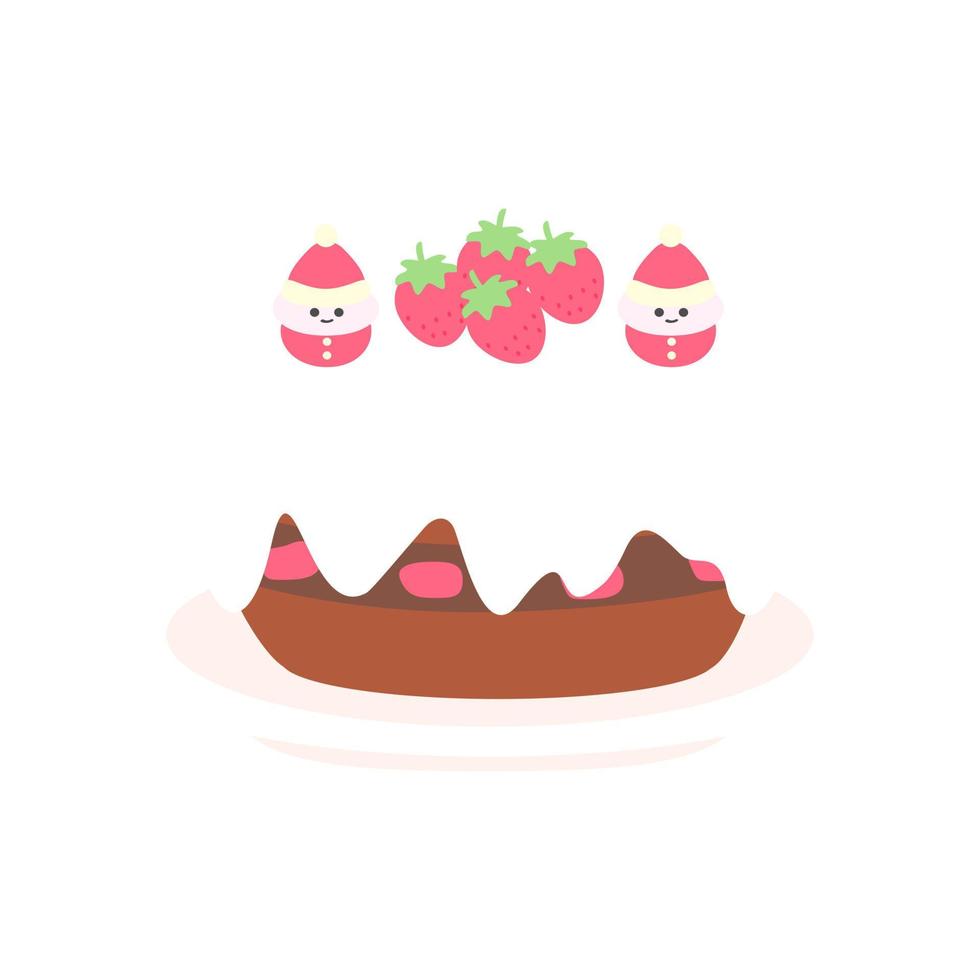 joli gâteau à la crème au chocolat d'anniversaire de noël avec fraise. isolé sur fond blanc, design plat, vecteur eps10