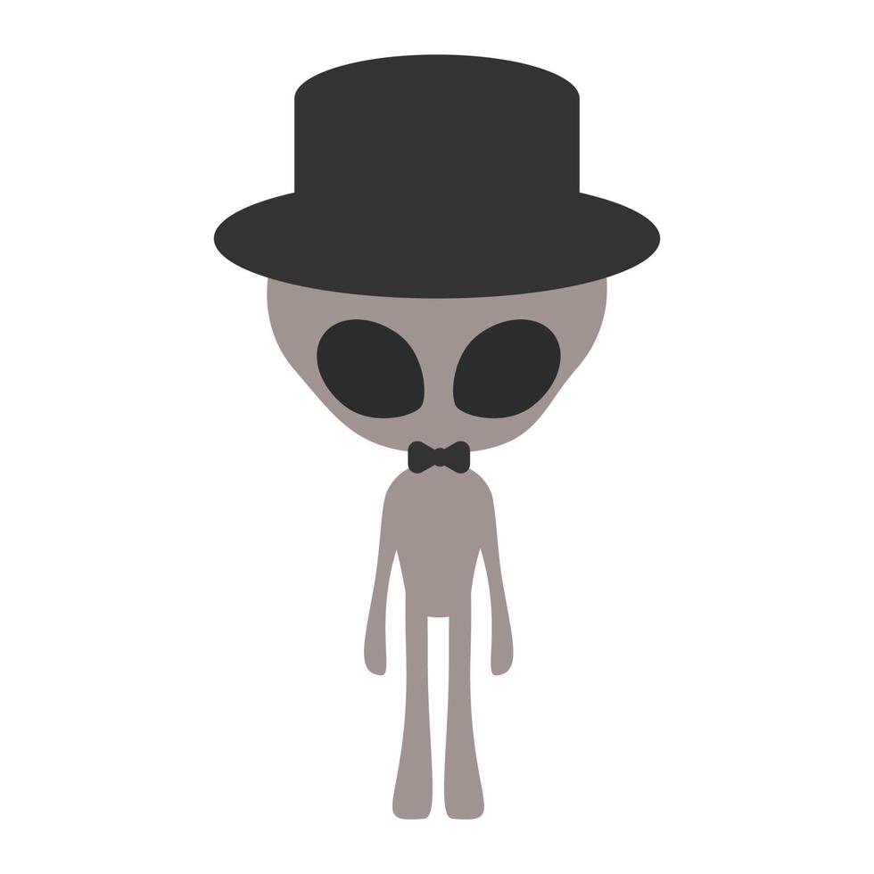 dessin animé mignon personnage extraterrestre gris drôle avec pose debout, portant fedora, chapeau haut de forme. isolé sur fond blanc, design plat, vecteur, illustration, eps10 vecteur