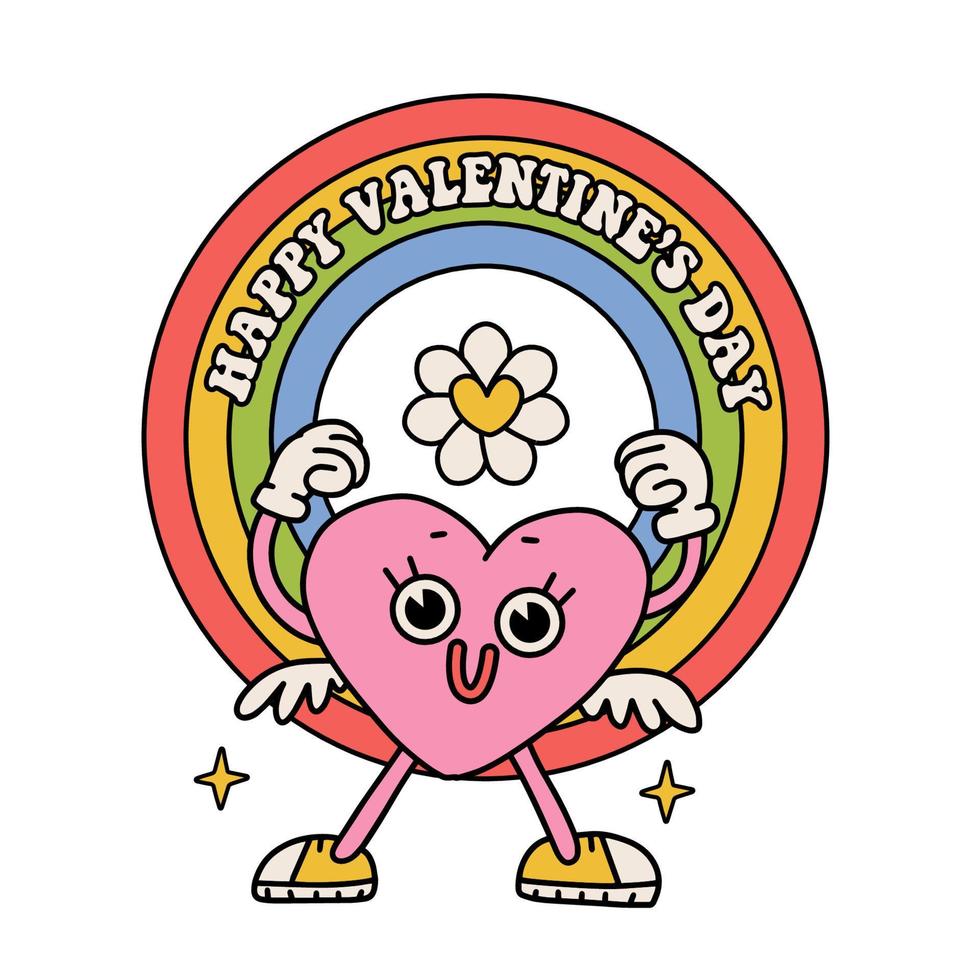 étrange personnage de coeur mignon avec arc-en-ciel dans le style psychédélique des années 70. autocollant isolé hippie, groove, rétro et vintage. illustration vectorielle de contour avec texte - bonne saint valentin. vecteur