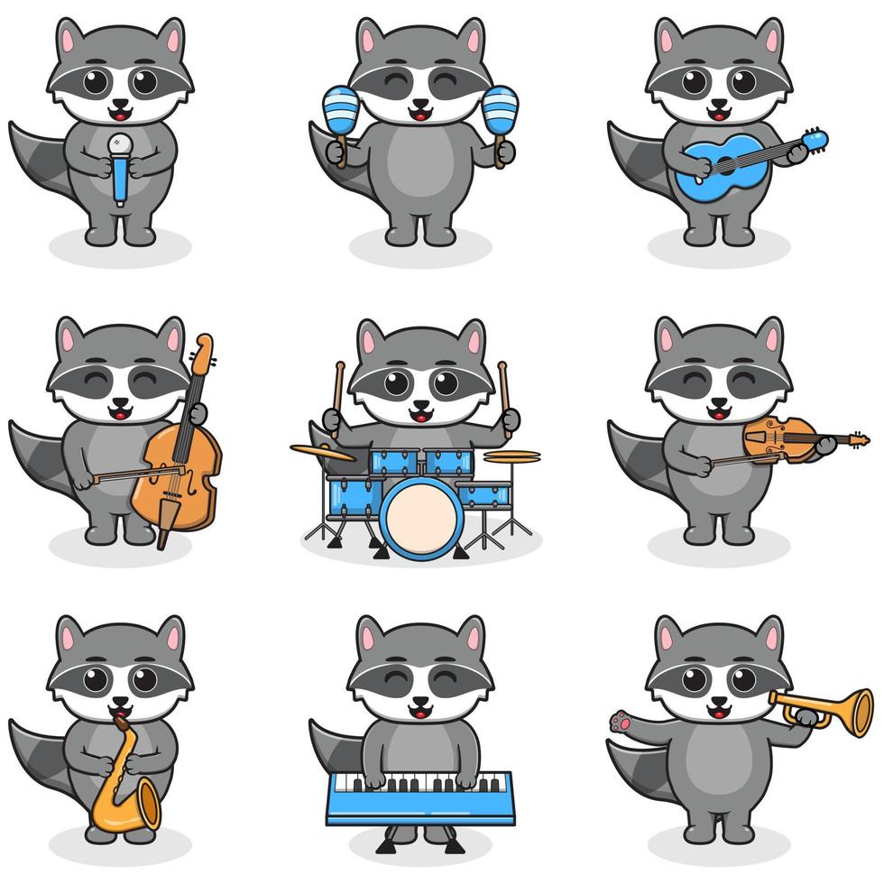 illustration vectorielle de raton laveur mignon jouant des instruments de musique. ensemble de personnages mignons de raton laveur. dessin animé animal jouer de la musique. animaux musiciens. vecteur