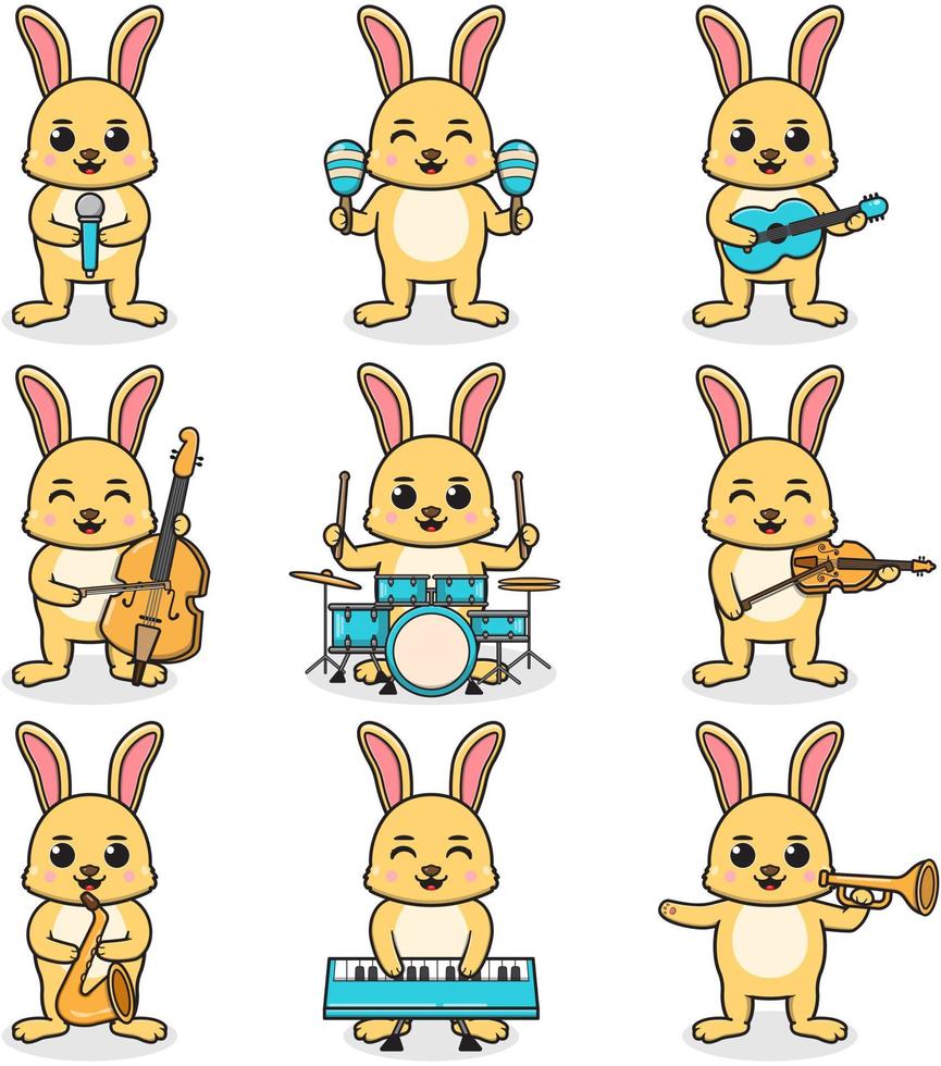 illustration vectorielle de lapin mignon jouant des instruments de musique. ensemble de personnages de lapin mignons. dessin animé animal jouer de la musique. animaux musiciens. vecteur