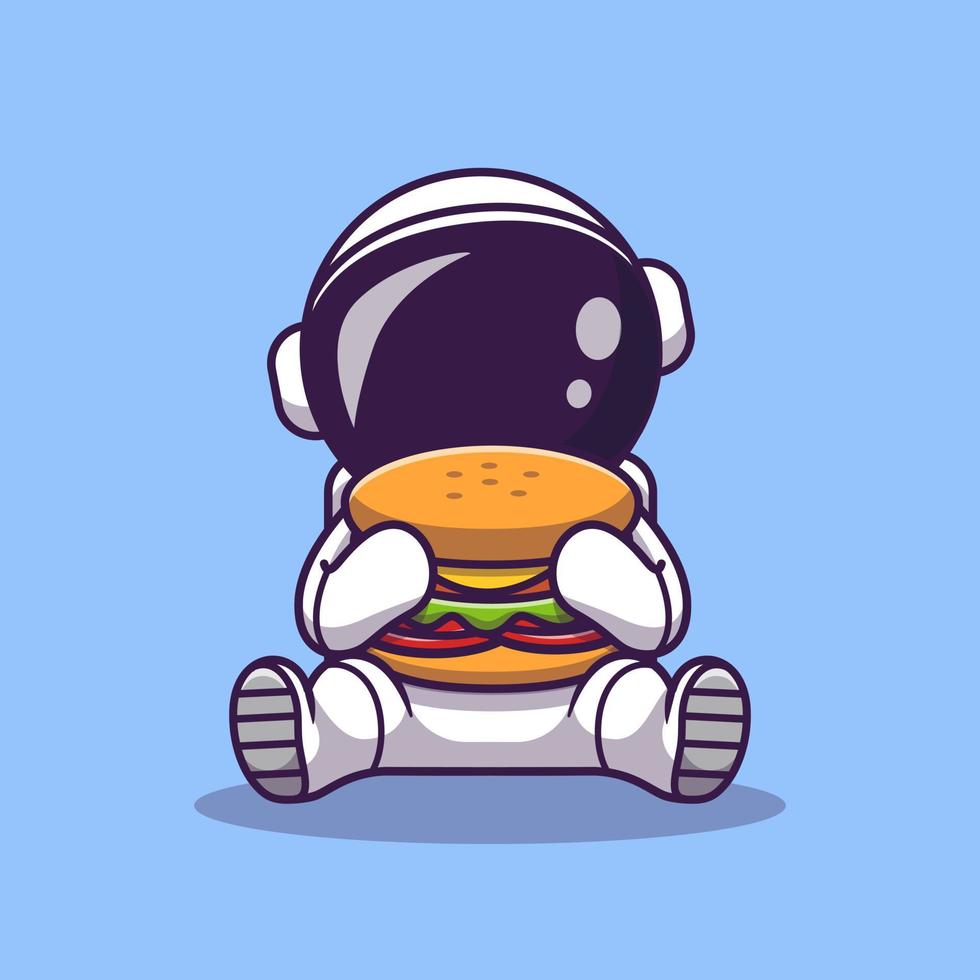 astronaute mignon mangeant une illustration d'icône de vecteur de dessin animé de hamburger. concept d'icône de nourriture spatiale vecteur premium isolé. style de dessin animé plat