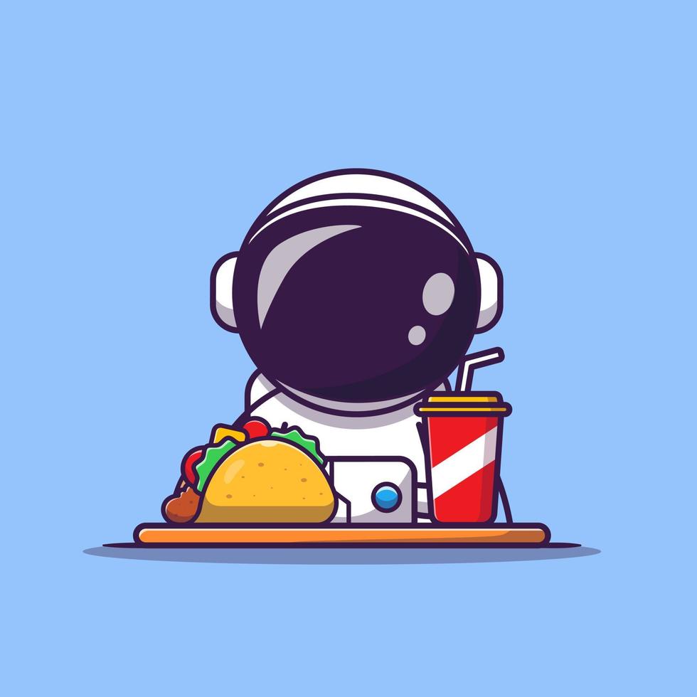 astronaute mignon avec illustration d'icône de vecteur de dessin animé taco et soda. concept d'icône de nourriture et de boisson scientifique vecteur premium isolé. style de dessin animé plat