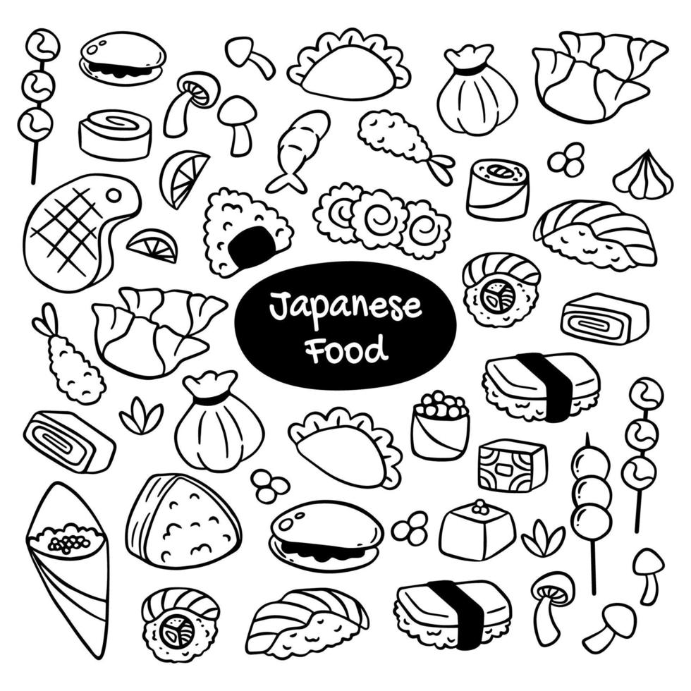 jeu d'icônes de doodle de cuisine japonaise. illustration de