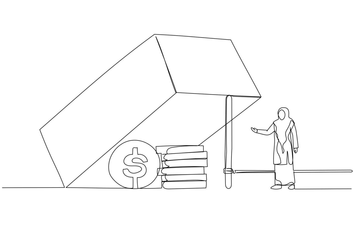dessin animé d'une femme d'affaires musulmane essayant d'atteindre un profit en dollars dans la métaphore du piège du risque commercial. style d'art en ligne unique vecteur