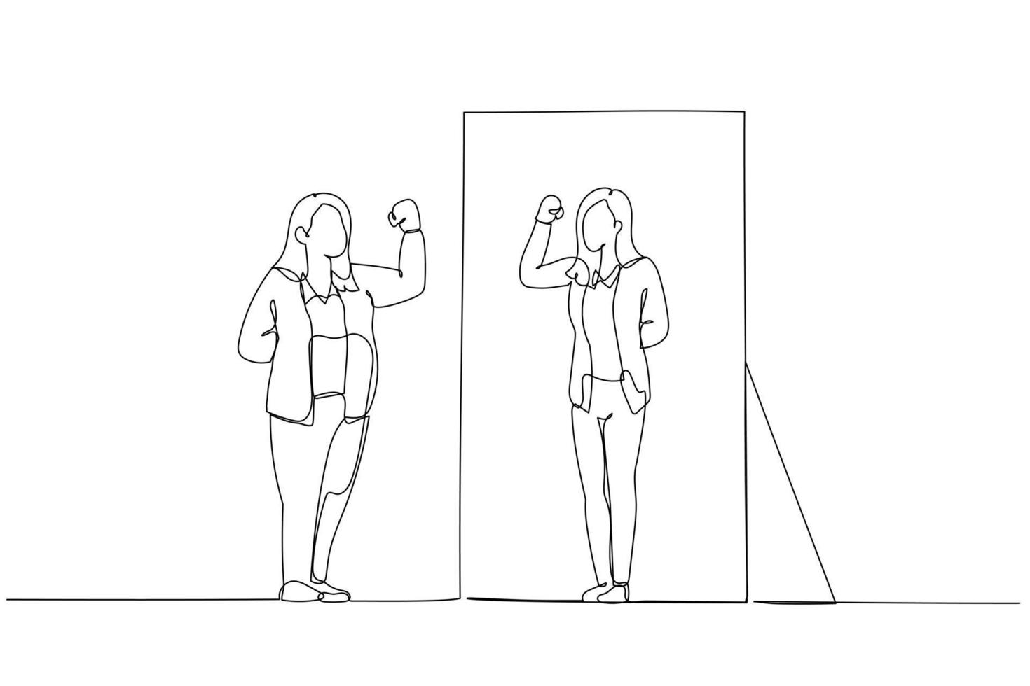 dessin animé d'une grosse femme d'affaires regardant dans un miroir voyant une version saine maigre en forme. style d'art en ligne unique vecteur