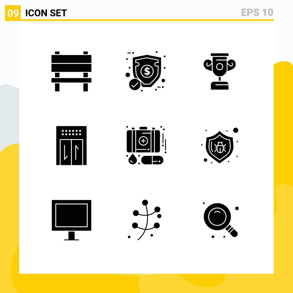 9 concept de glyphe solide pour sites Web mobiles et applications médecine cas d'éducation d'urgence hôtel éléments de conception vectoriels modifiables vecteur