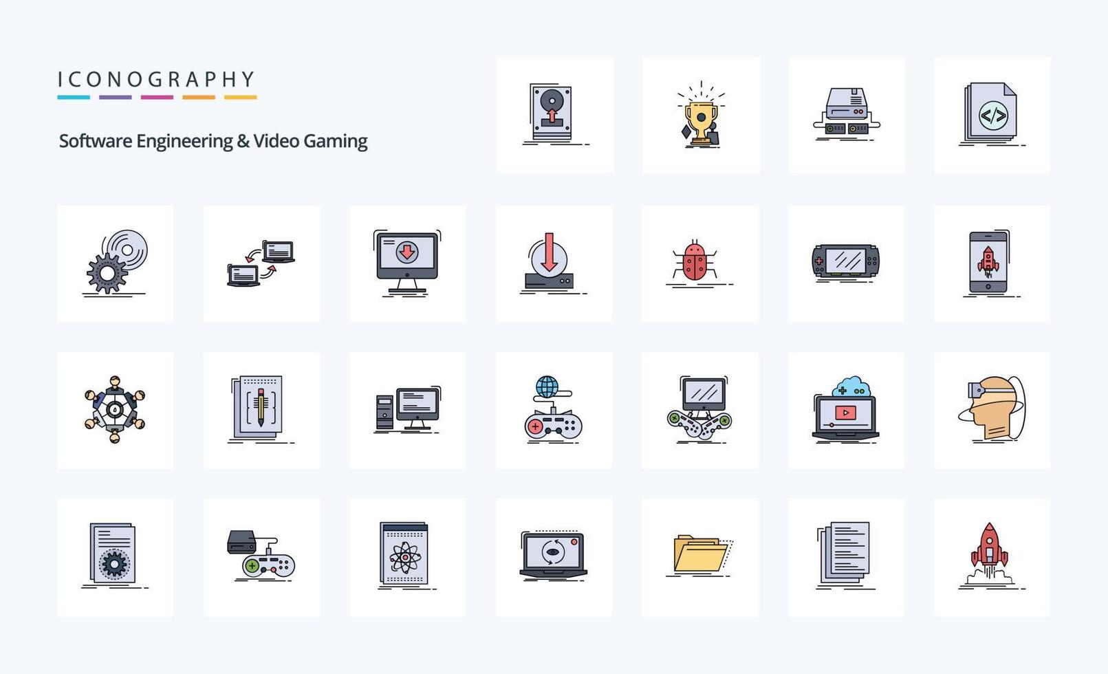 25 pack d'icônes de style rempli de lignes de génie logiciel et de jeux vidéo vecteur