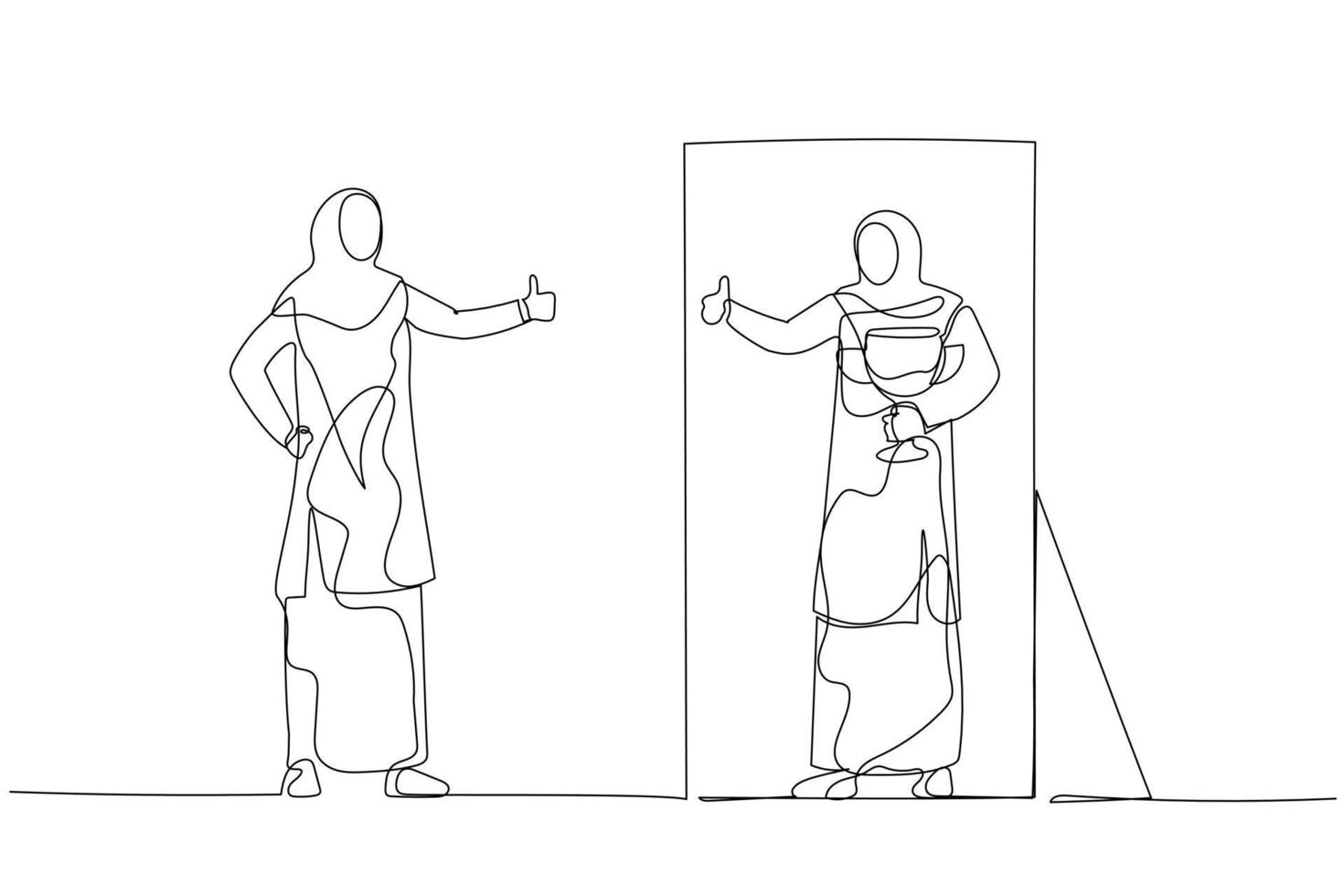 dessin animé de femme portant le hijab regardant dans le miroir, donnant le pouce vers le haut, concept d'amour de soi. style d'art en ligne unique vecteur