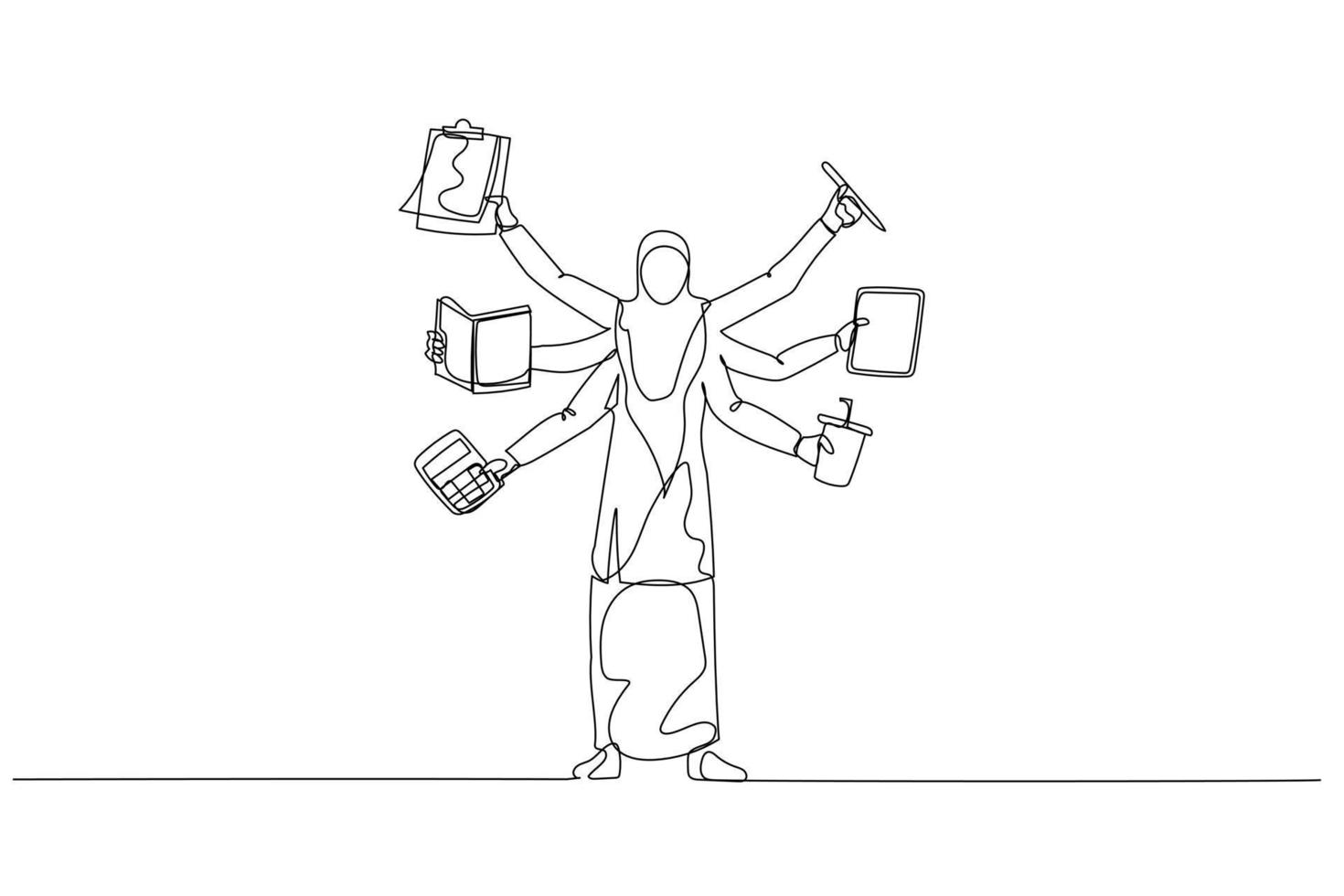 dessin animé d'une femme musulmane avec plusieurs mains concept de multitâche. style d'art en ligne unique vecteur