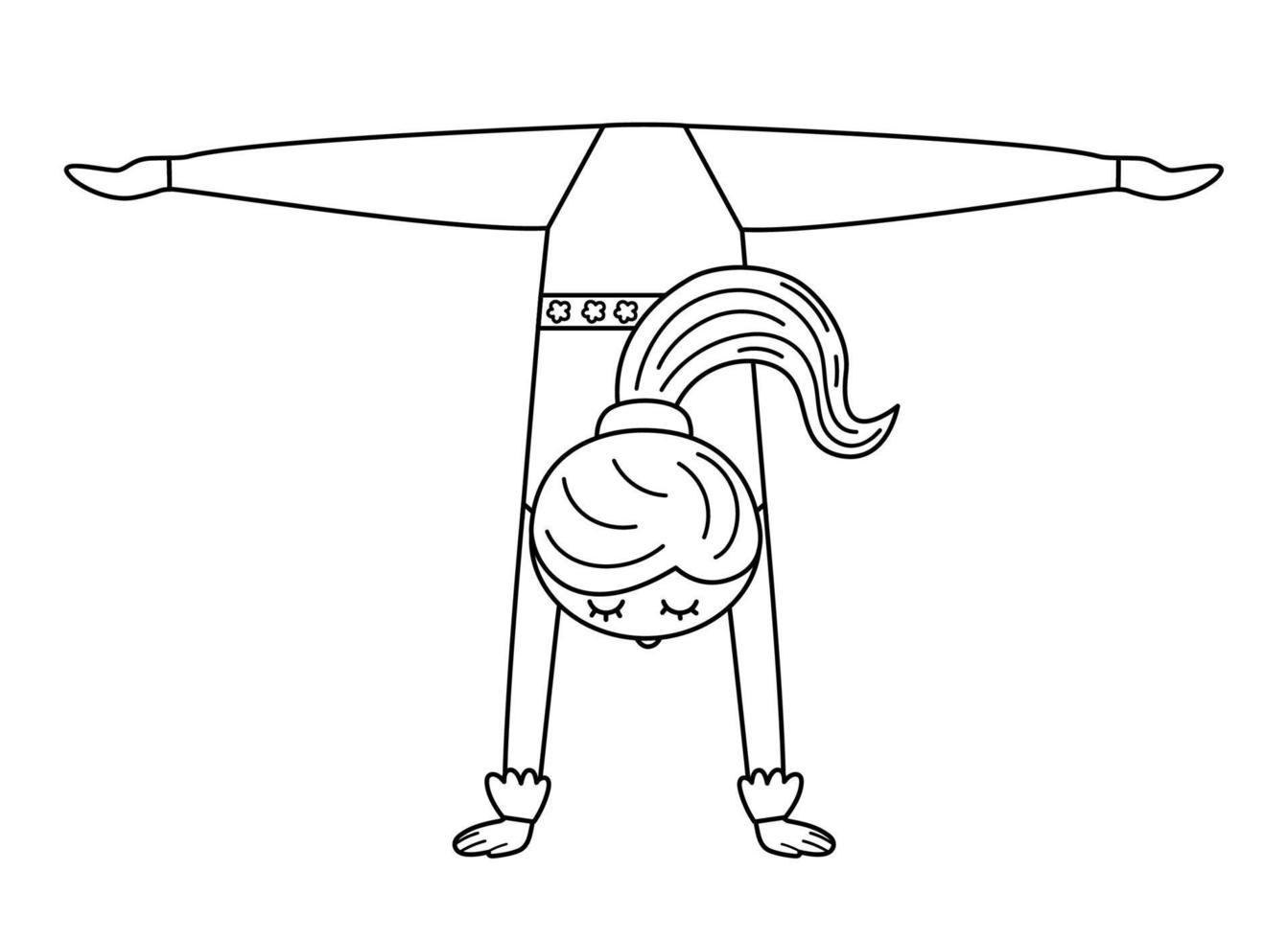 fille de gymnaste noir et blanc de vecteur faisant un stand de main et fendu. acrobate drôle mignon. clipart d'artiste de cirque ou de sport. icône de vacances d'amusement. illustration de personnage de festival ou page de coloriage