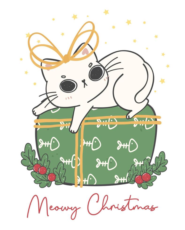 mignon chaton blanc grincheux chat noël sur boîte cadeau verte, noël meowy, adorable dessin animé joyeux animal dessin à la main image vectorielle vecteur