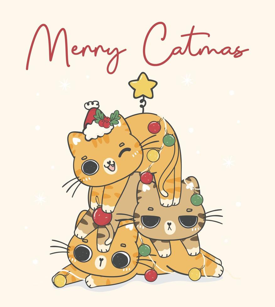 mignon de 3 chaton fou chat gingembre orange chatons arbre de chat de noël, joyeux catmas, personnage animal de dessin animé dessin à la main vecteur de doodle