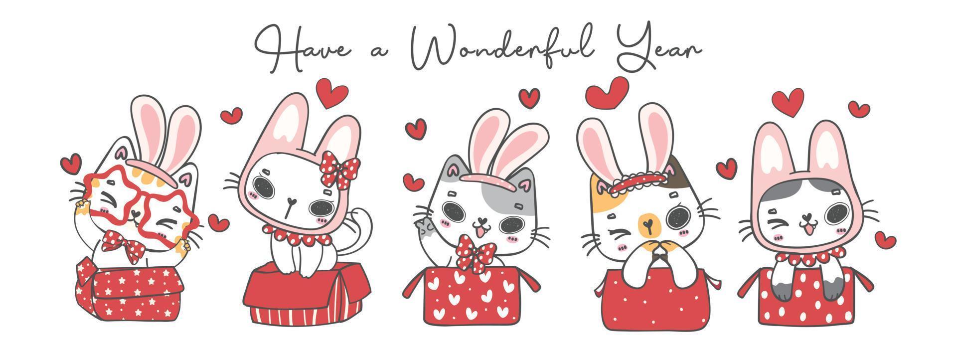groupe de chats chatons kawaii portant des oreilles de lapin, dans des boîtes rouges, passez une année merveilleuse, personnage de dessin animé animal de compagnie doodle dessin à la main illustration vecteur