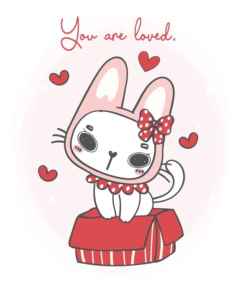 mignon curieux sourire lapin oreilles chaton blanc chat fille dans une boîte cadeau rouge, vous êtes aimé, dessin à la main doodle dessin animé animal vecteur