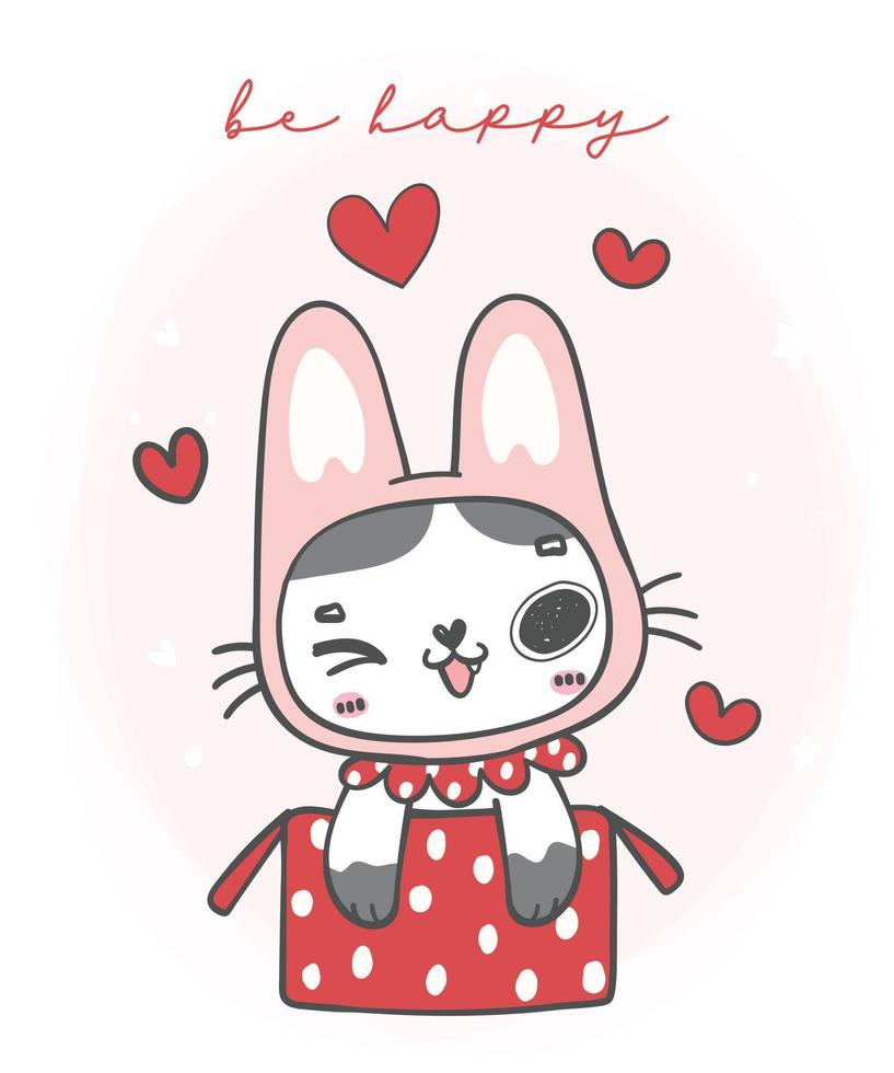 mignon sourire joyeux lapin oreilles chaton chat dans une boîte cadeau rouge, être heureux, dessin à la main doodle dessin animé animal vecteur