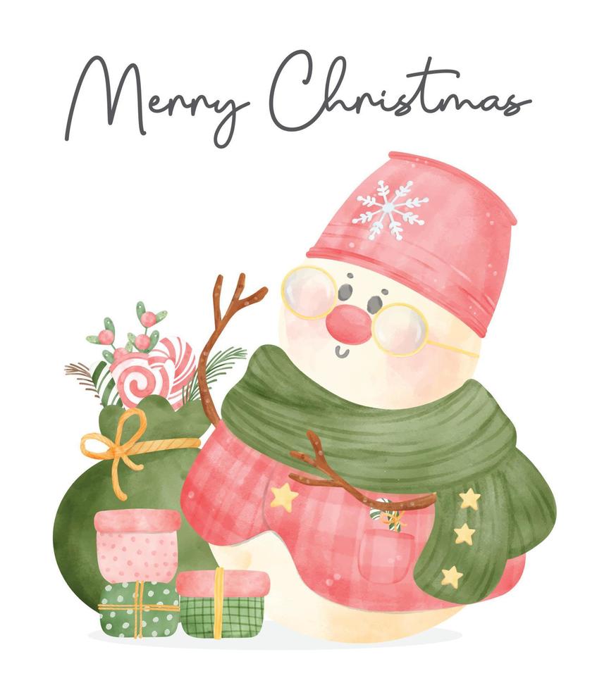 mignon noël bonhomme de neige santa avec sac de cadeau aquarelle dessin animé peinture à la main illustration vecteur