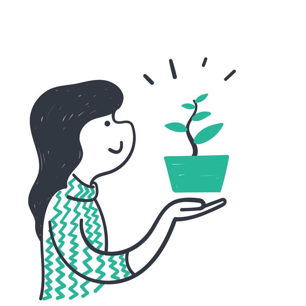 main dessinée doodle femme tenant une plante dans une illustration de pot vecteur