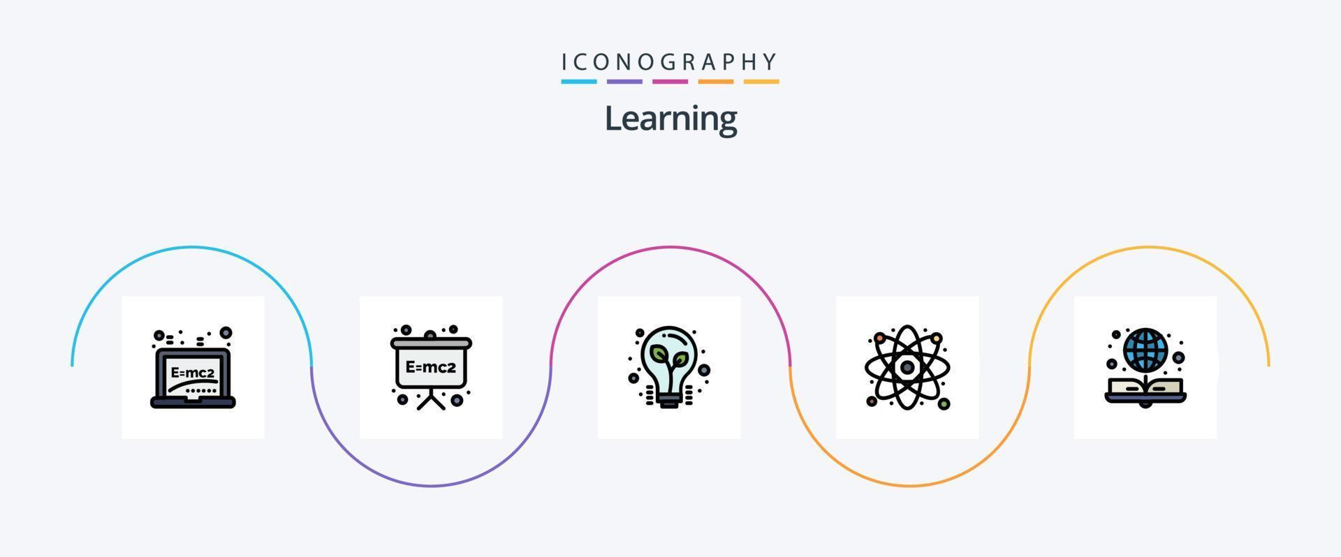 pack d'icônes plat rempli de 5 lignes d'apprentissage, y compris le globe. livre. lumière. science. atome vecteur