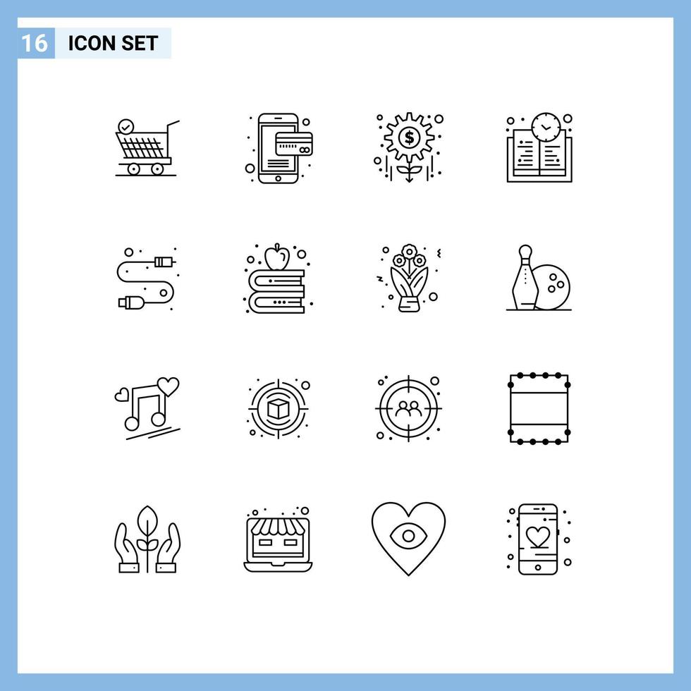 16 ensemble de contours d'interface utilisateur de signes et symboles modernes de fil de gestion électronique temps d'éducation de câble éléments de conception vectoriels modifiables vecteur
