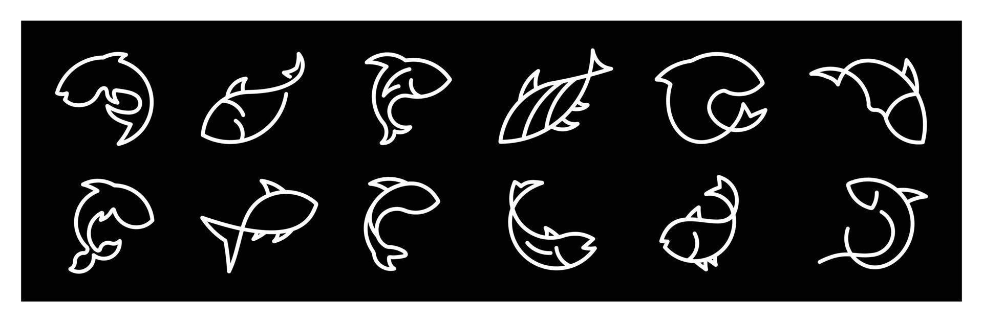 jeu d'icônes de ligne de poisson, icônes liées au poisson ensemble d'images vectorielles minces noir et blanc vecteur