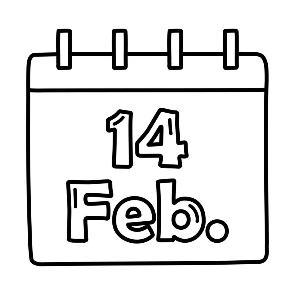 calendrier doodle, 14 février pour cartes de vœux, affiches, autocollants et design saisonnier. vecteur