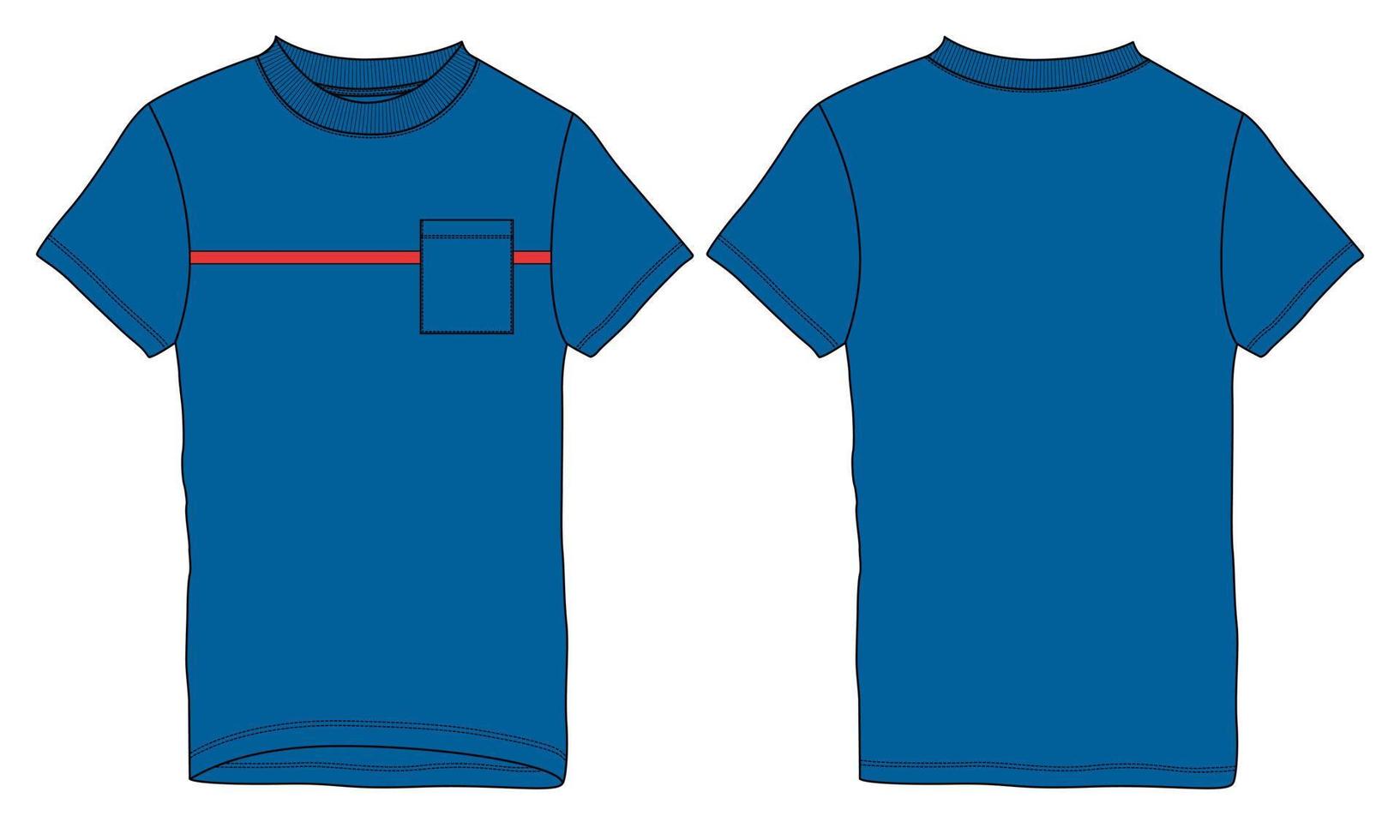 manches courtes avec t-shirt de poche modèle d'illustration vectorielle de croquis plat de mode technique vues avant et arrière. vecteur