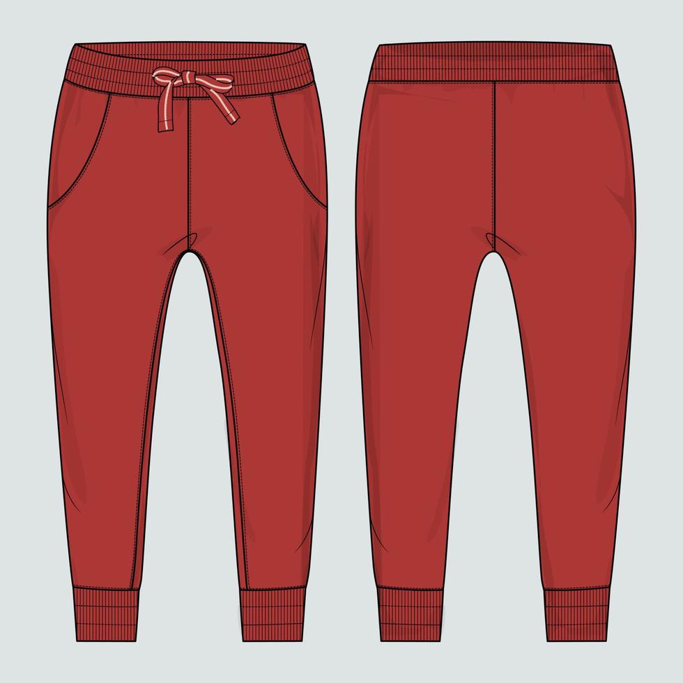 polaire tissu jogger pantalons de survêtement mode technique croquis plat modèle d'illustration vectorielle vues avant et arrière. vecteur