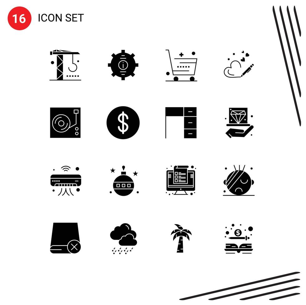 pack de 16 signes et symboles de glyphes solides modernes pour les supports d'impression Web tels que l'amour de mariage support stylo boutique éléments de conception vectoriels modifiables vecteur